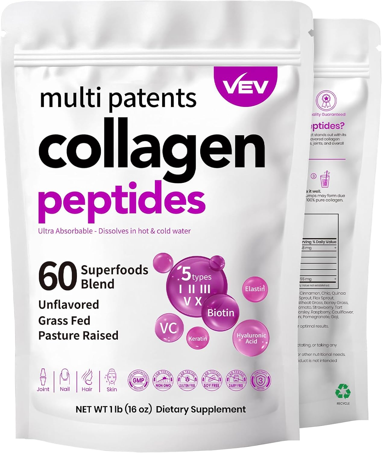 VEV Multi Collagen Peptides Powder 1lb - Hydrolyzed Collagen with Biotin, Hyaluronic Acid, Vitamin C - Supports Skin & Joints - Unflavored, Easy to Dissolve