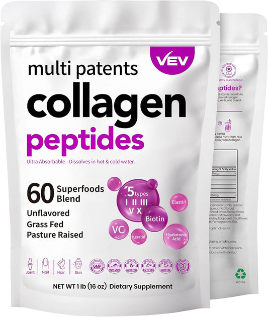 VEV Multi Collagen Peptides Powder 1lb - Hydrolyzed Collagen with Biotin, Hyaluronic Acid, Vitamin C - Supports Skin & Joints - Unflavored, Easy to Dissolve