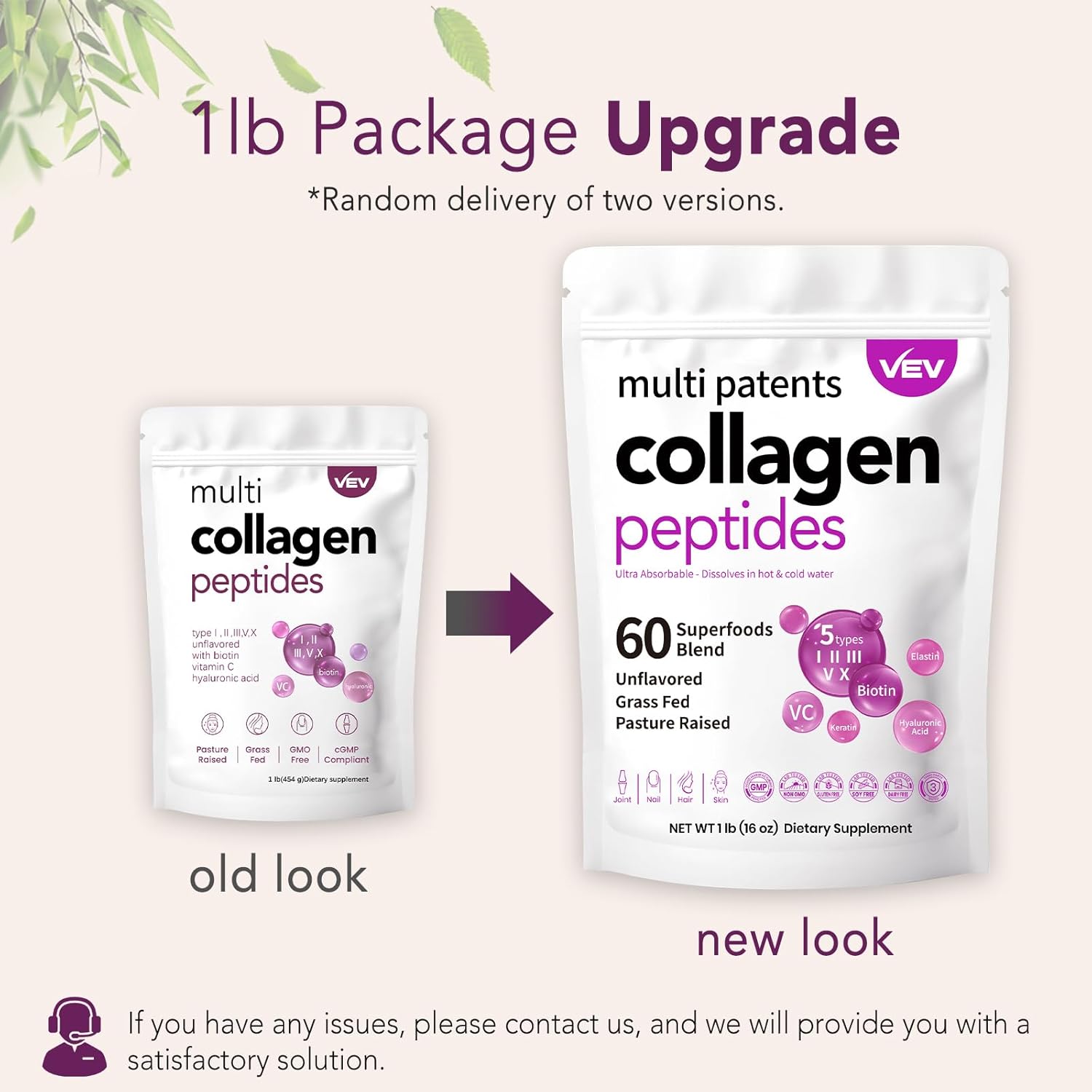 VEV Multi Collagen Peptides Powder 1lb - Hydrolyzed Collagen with Biotin, Hyaluronic Acid, Vitamin C - Supports Skin & Joints - Unflavored, Easy to Dissolve