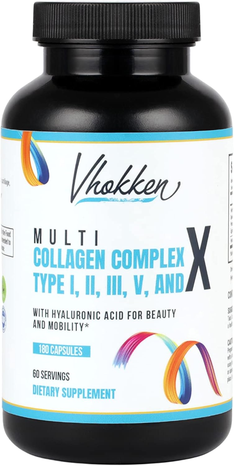 Vhokken Multi Collagen Complex with Hyaluronic Acid - Joint Support, Hair, Skin, Nails - 2120mg, 180 Capsules