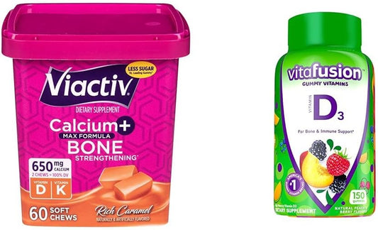 Viactiv Caramel Calcium + Vitamin D3 Soft Chews & Vitafusion Peach Blackberry Vitamin D3 Gummies - Bone & Immune System Support, 60 Chews