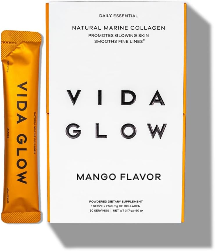 Vida Glow Marine Collagen Powder - Mango Flavor | Anti Aging Supplement for Glowing Skin, Strong Nails, Healthy Hair | 30 Servings