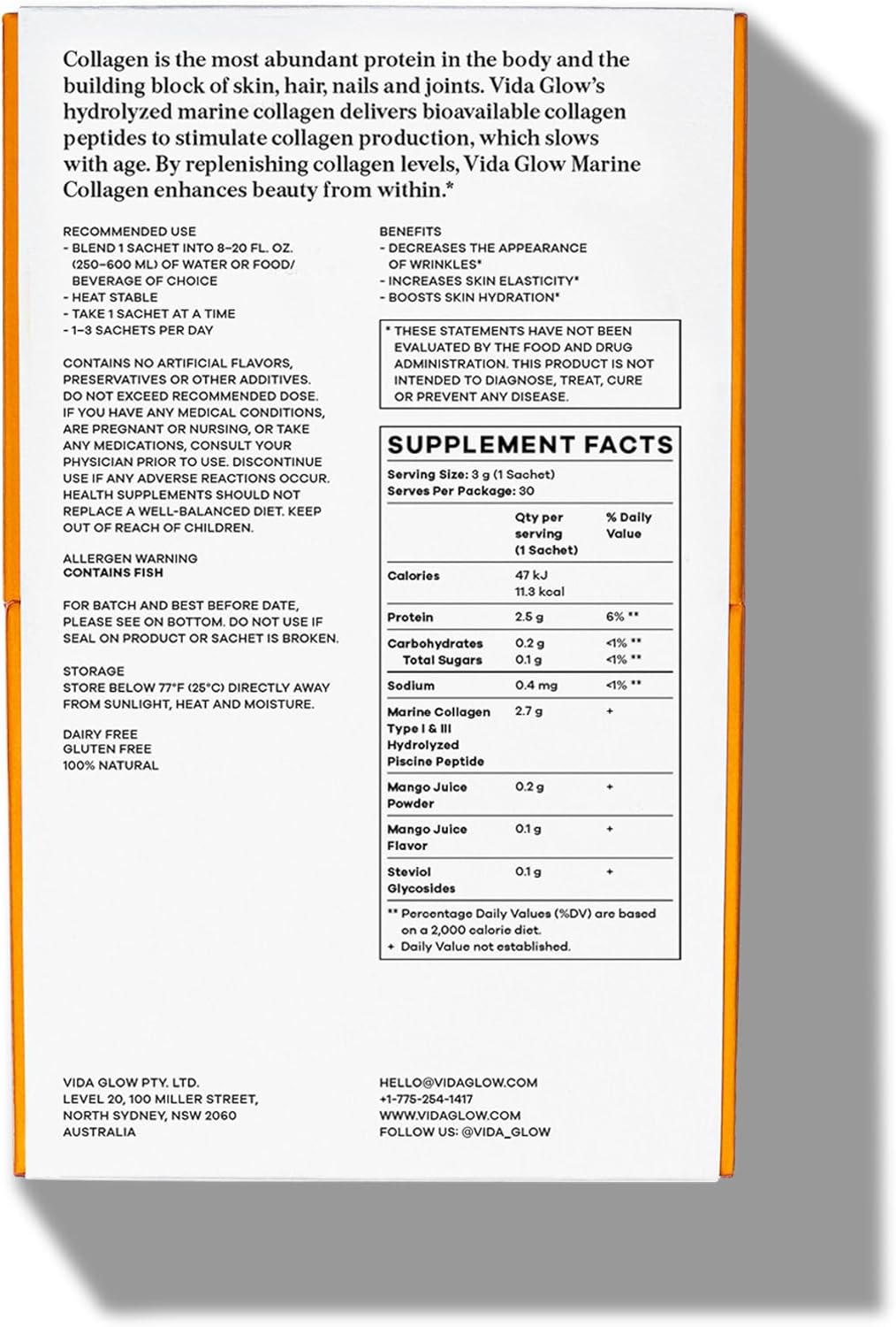 Vida Glow Marine Collagen Powder - Mango Flavor | Anti Aging Supplement for Glowing Skin, Strong Nails, Healthy Hair | 30 Servings