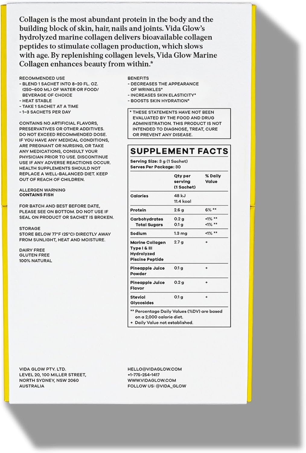 Vida Glow Pineapple Marine Collagen Sachets - Promotes Glowing Skin & Reduces Fine Lines (30 Sachets)