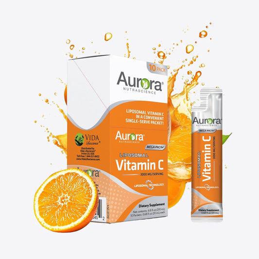 Vida Lifescience Aurora Nutrascience Liposomal Vitamin C Mega-Pack - Immune Support, 3,000 mg Per Serving, Gluten Free, Non-GMO - 10 Single Serve Packets, 6.8 fl oz - BoostGo Australia