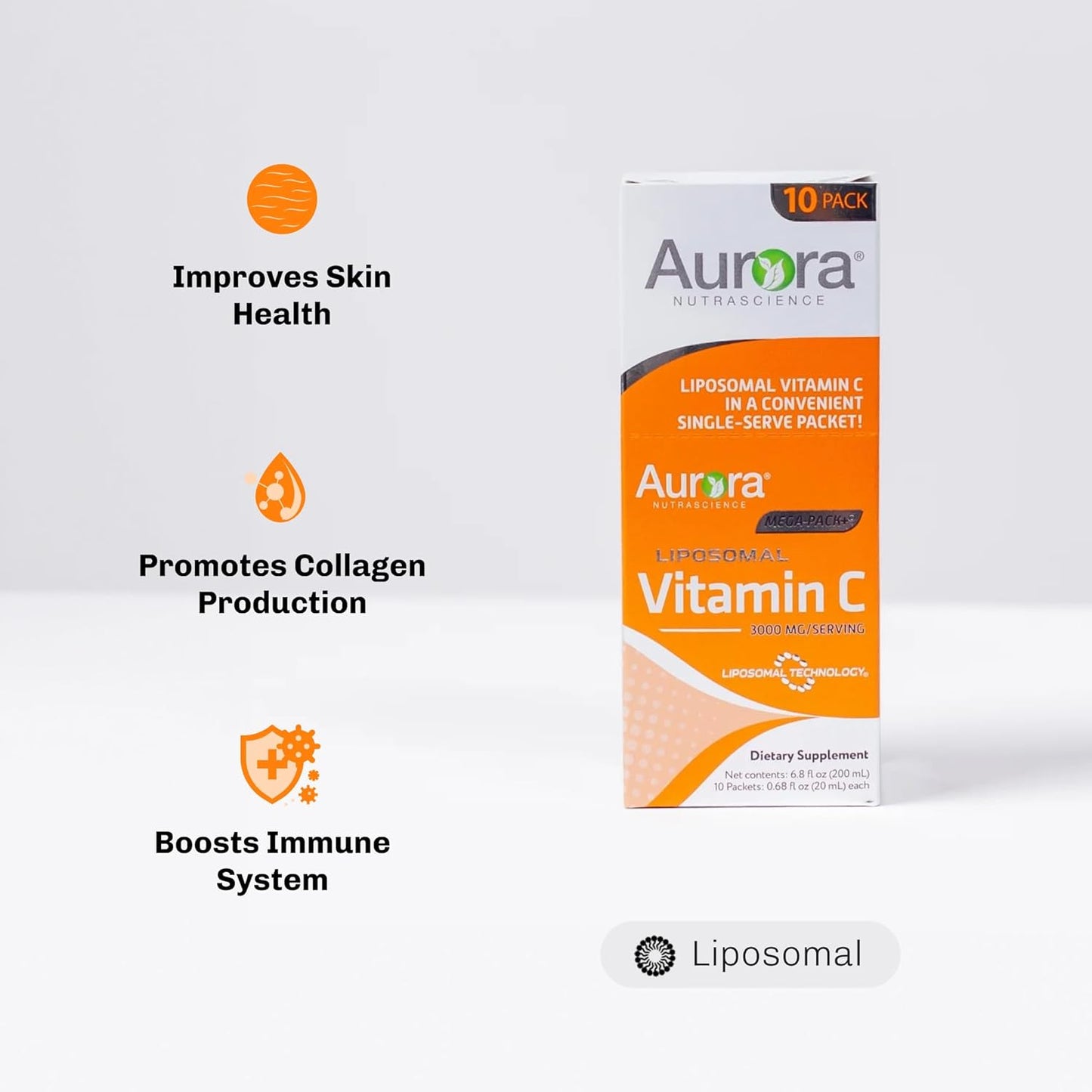 Vida Lifescience Aurora Nutrascience Liposomal Vitamin C Mega-Pack - Immune Support, 3,000 mg Per Serving, Gluten Free, Non-GMO - 10 Single Serve Packets, 6.8 fl oz - BoostGo Australia