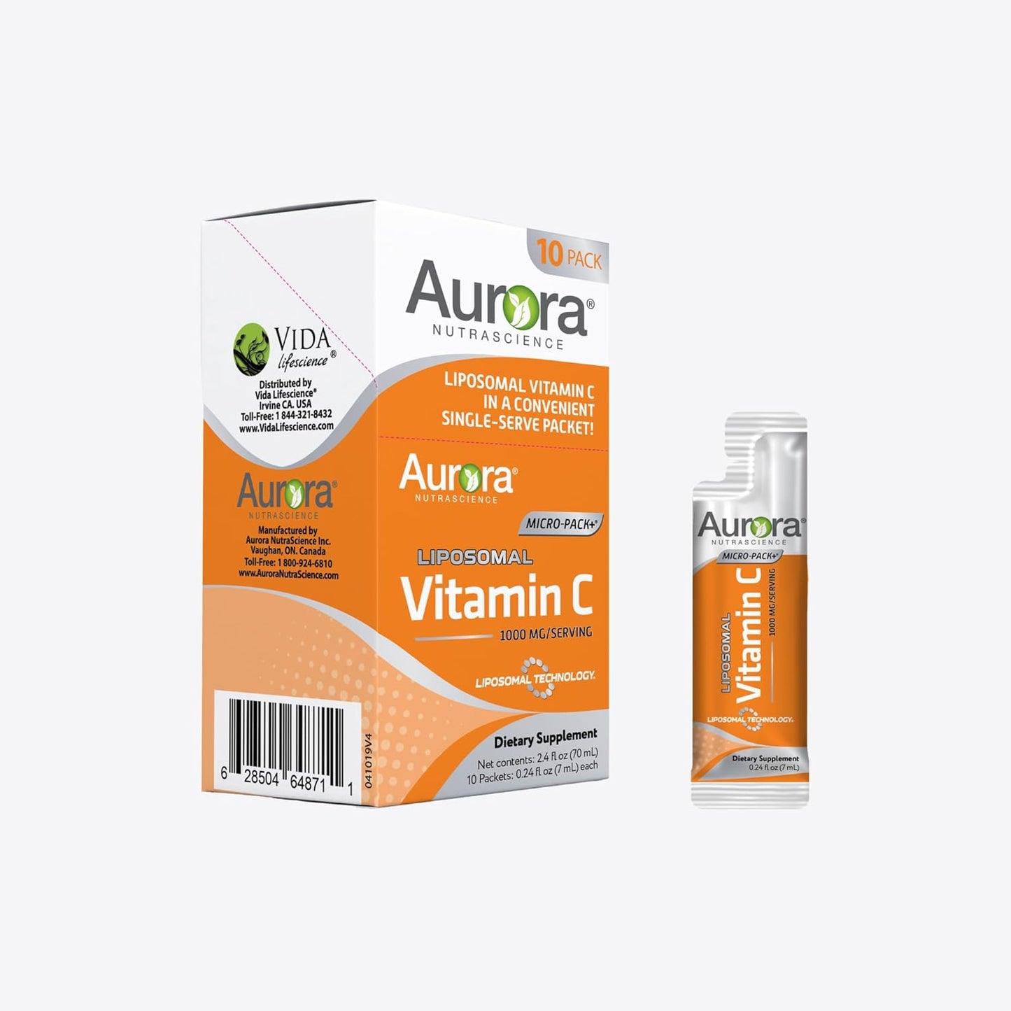 Vida Lifescience Aurora Nutrascience Liposomal Vitamin C Micro-Pack, Immune Support, 1,000mg, Gluten Free, Non-GMO, 10 Packets