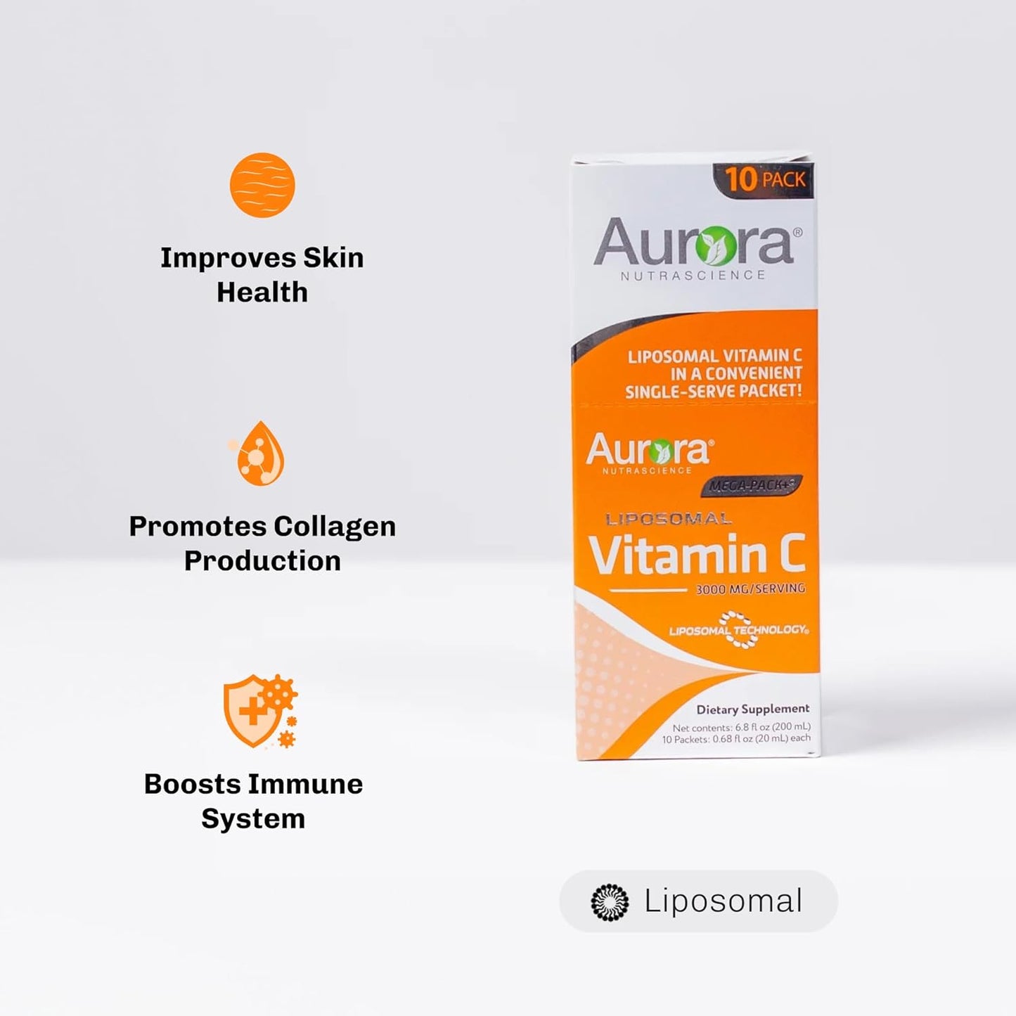 Vida Lifescience Aurora Nutrascience Liposomal Vitamin C Micro-Pack, Immune Support, 1,000mg, Gluten Free, Non-GMO, 10 Packets