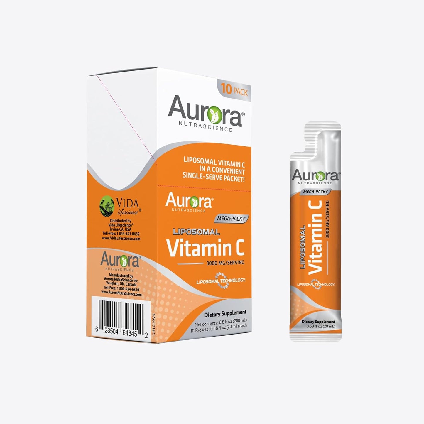 Vida Lifescience Aurora Nutrascience Liposomal Vitamin C Mega-Pack - Immune Support, 3,000 mg Per Serving, Gluten Free, Non-GMO - 10 Single Serve Packets, 6.8 fl oz - BoostGo Australia
