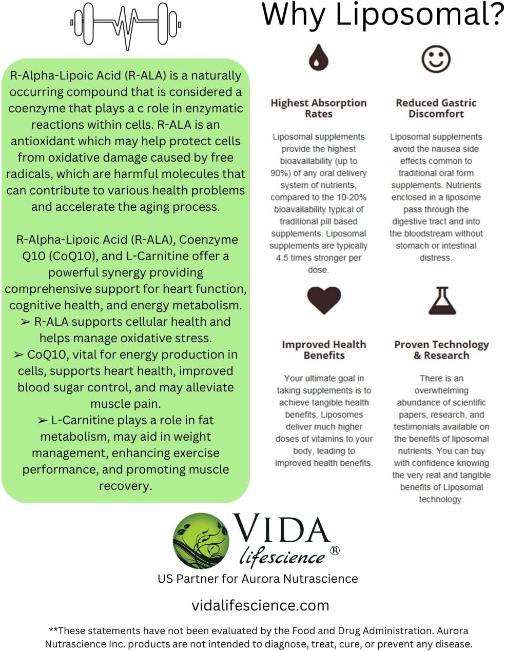 Vida Lifescience Aurora Nutrascience Mega-Liposomal R-ALA Cellular Support Complex - Gluten Free, Non-GMO, Sugar Free - 16 fl oz