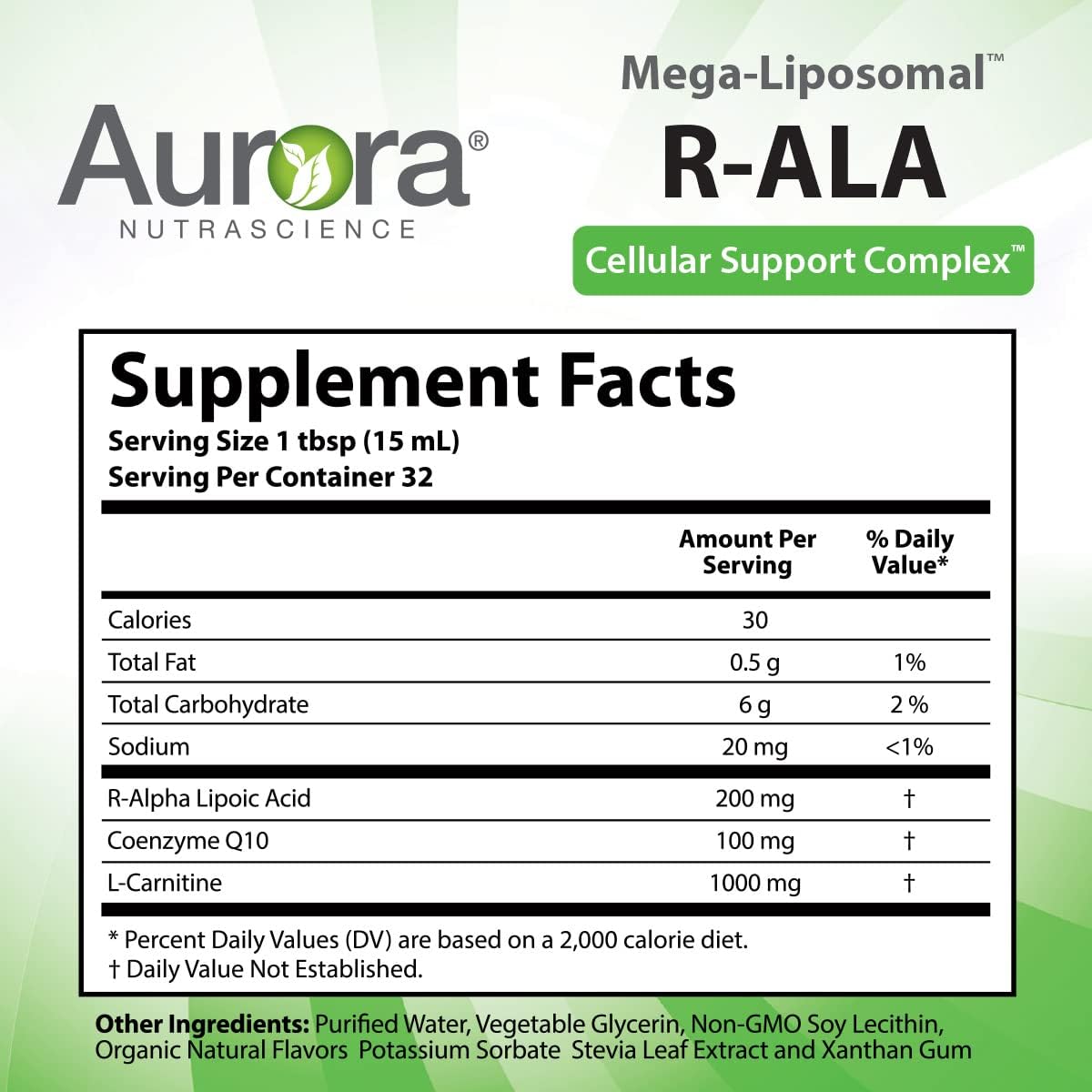 Vida Lifescience Aurora Nutrascience Mega-Liposomal R-ALA Cellular Support Complex - Gluten Free, Non-GMO, Sugar Free - 16 fl oz