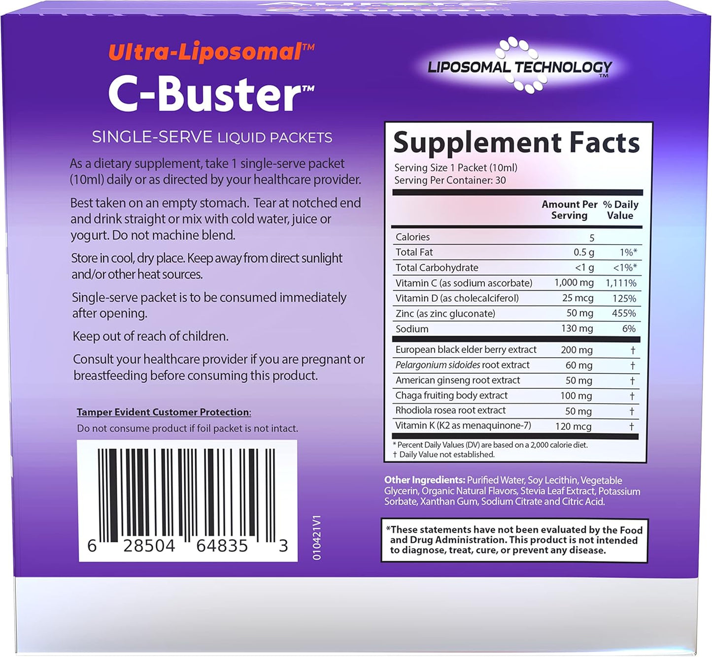 Vida Lifescience Aurora Nutrascience Ultra Liposomal C-Buster Immune System Support with Vitamin C, D, Zinc, Elderberry, Pelargonium, K & Ginseng - 30 Packets - BoostGo Australia