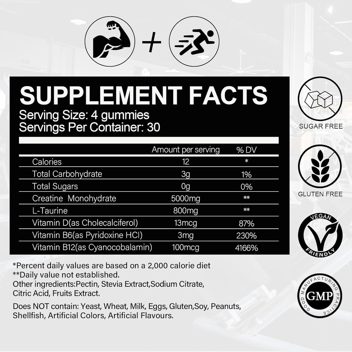 Vidabotan 5000mg Sugar-Free Creatine Monohydrate Gummies with L-Taurine, B6, B12 - Muscle Growth for Men & Women, Vegan, Mixed Berry, 120 Count - BoostGo Australia