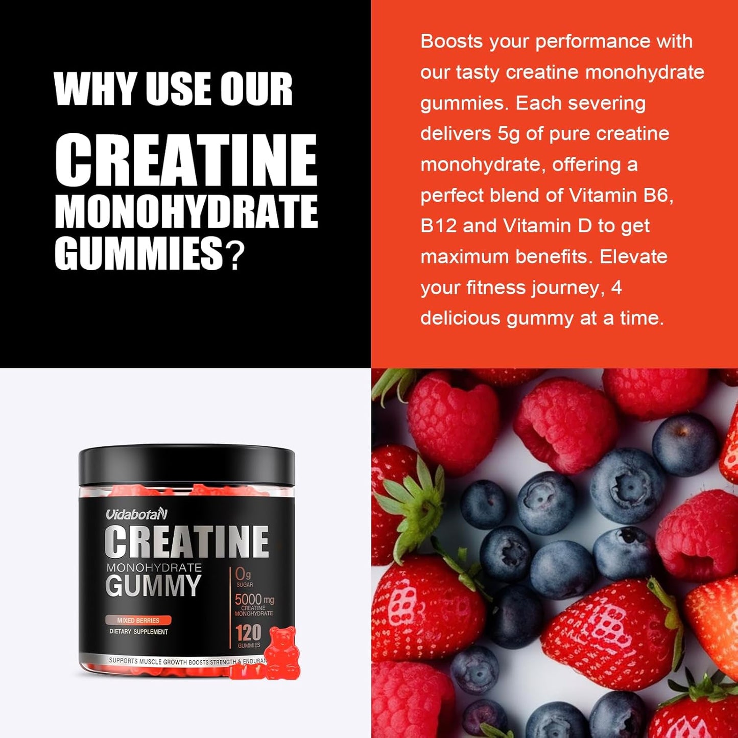 Vidabotan 5000mg Sugar-Free Creatine Monohydrate Gummies with L-Taurine, B6, B12 - Muscle Growth for Men & Women, Vegan, Mixed Berry, 120 Count - BoostGo Australia