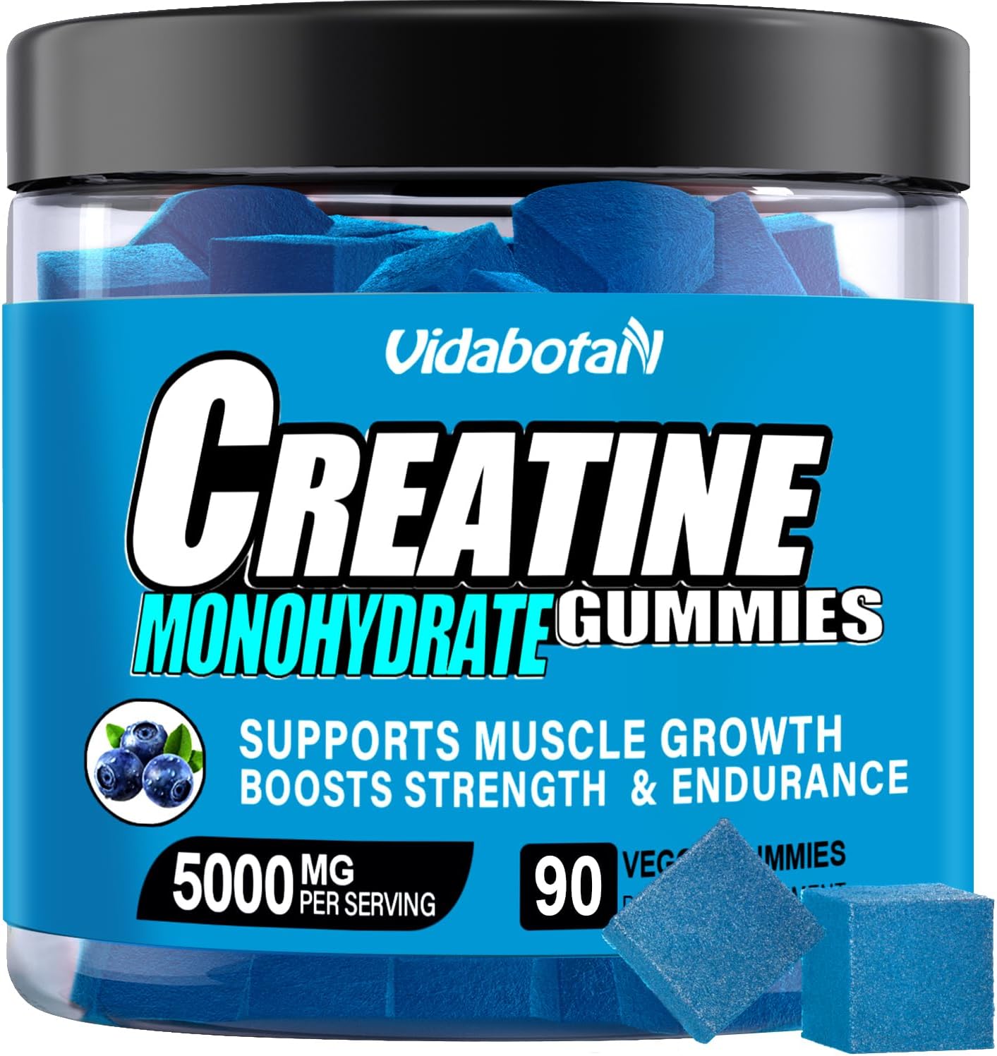 Vidabotan Blueberry Flavored Sugar-Free Creatine Monohydrate Gummies - 90 Count, 5g per Serving, Vegan Muscle Mass Supplement for Men & Women