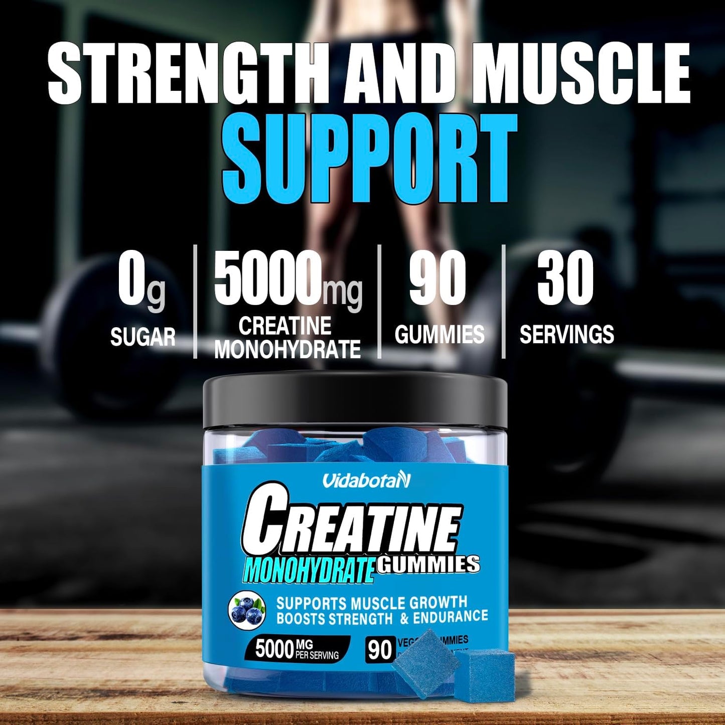 Vidabotan Blueberry Flavored Sugar-Free Creatine Monohydrate Gummies - 90 Count, 5g per Serving, Vegan Muscle Mass Supplement for Men & Women