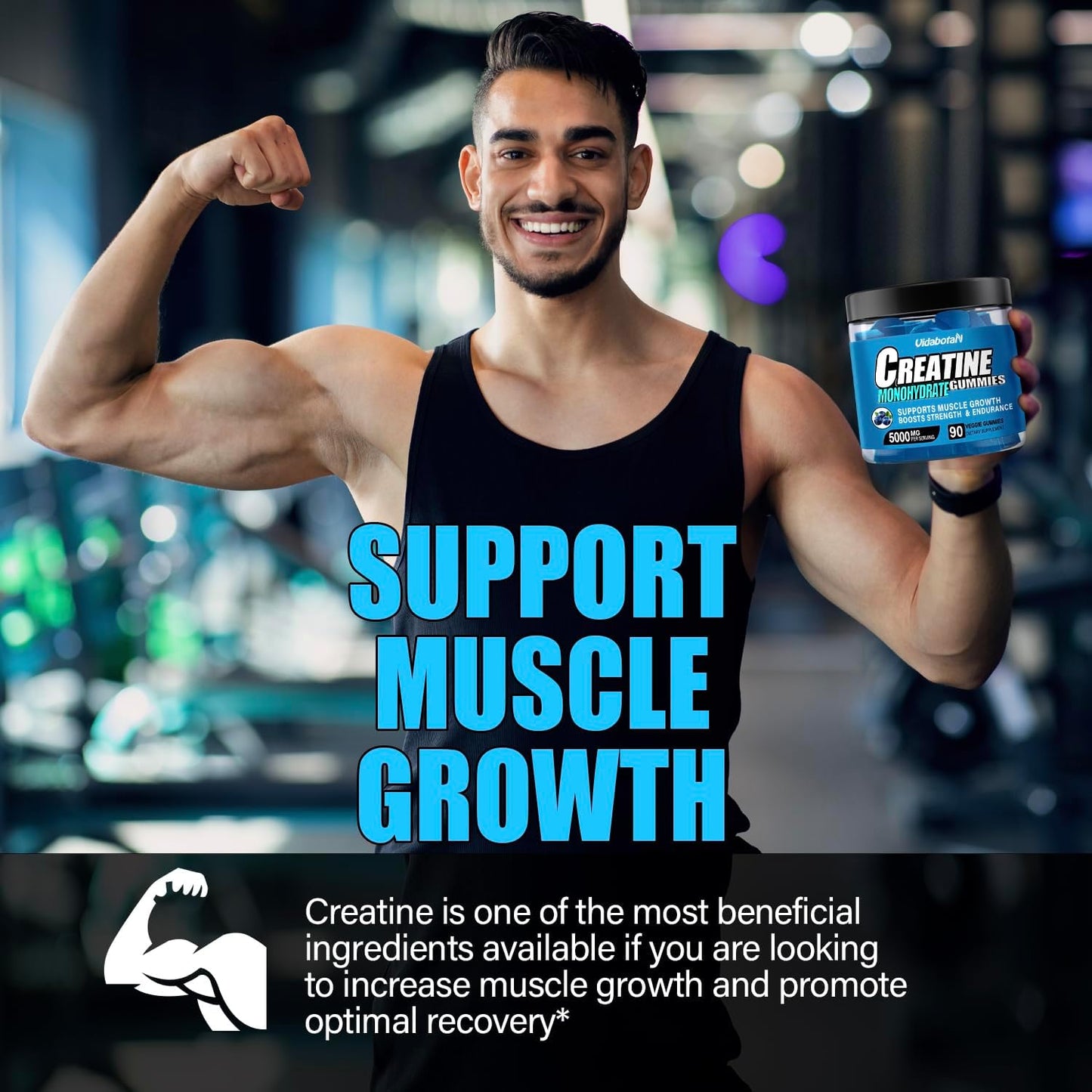 Vidabotan Blueberry Flavored Sugar-Free Creatine Monohydrate Gummies - 90 Count, 5g per Serving, Vegan Muscle Mass Supplement for Men & Women