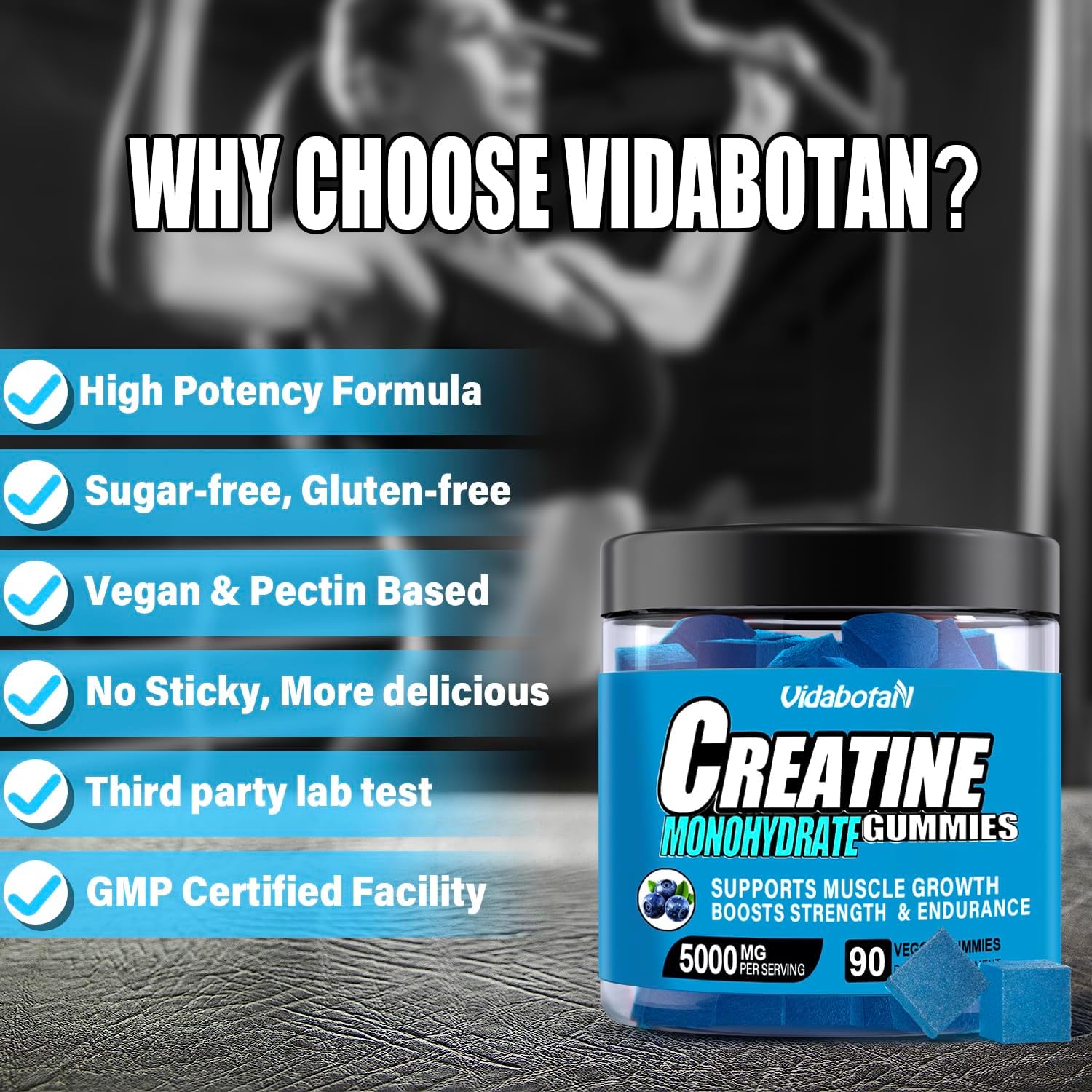 Vidabotan Blueberry Flavored Sugar-Free Creatine Monohydrate Gummies - 90 Count, 5g per Serving, Vegan Muscle Mass Supplement for Men & Women