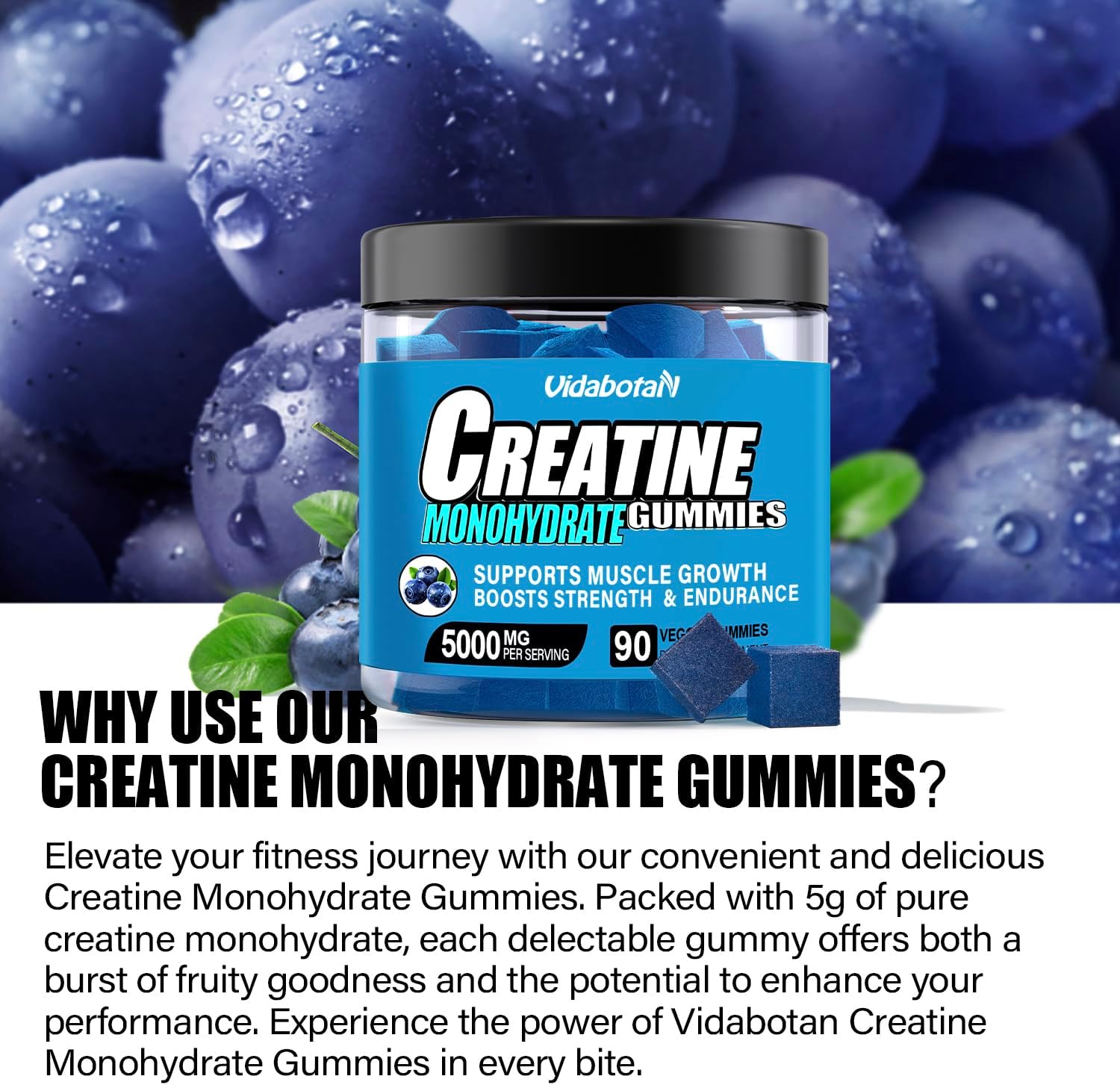 Vidabotan Blueberry Flavored Sugar-Free Creatine Monohydrate Gummies - 90 Count, 5g per Serving, Vegan Muscle Mass Supplement for Men & Women