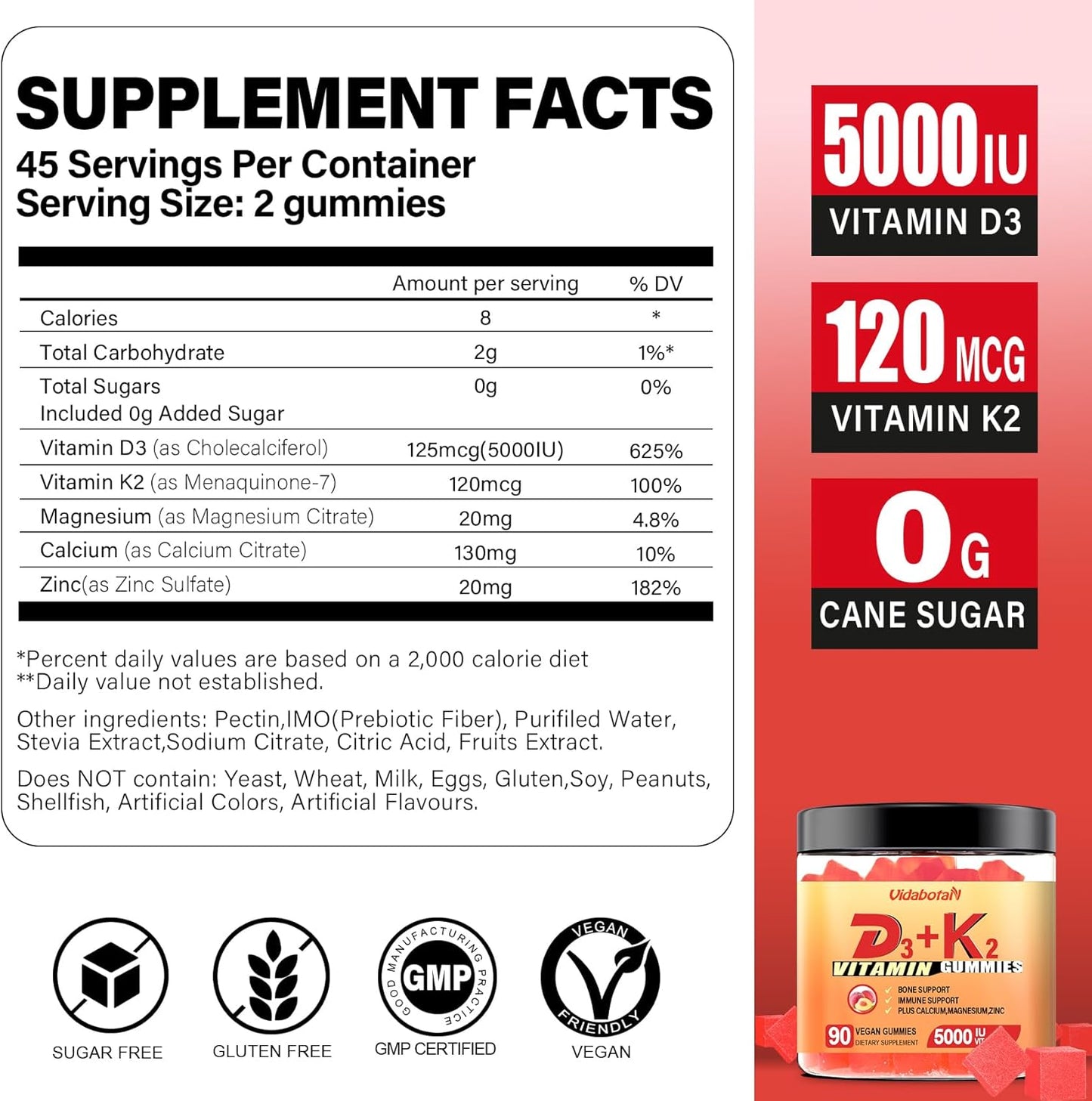Vidabotan Vegan Peach Flavored Vitamin D3 K2 Gummies - 5000IU with Calcium, Magnesium, and Zinc - 90 Chewable Gummies for Bone, Teeth, and Muscle Health - BoostGo Australia