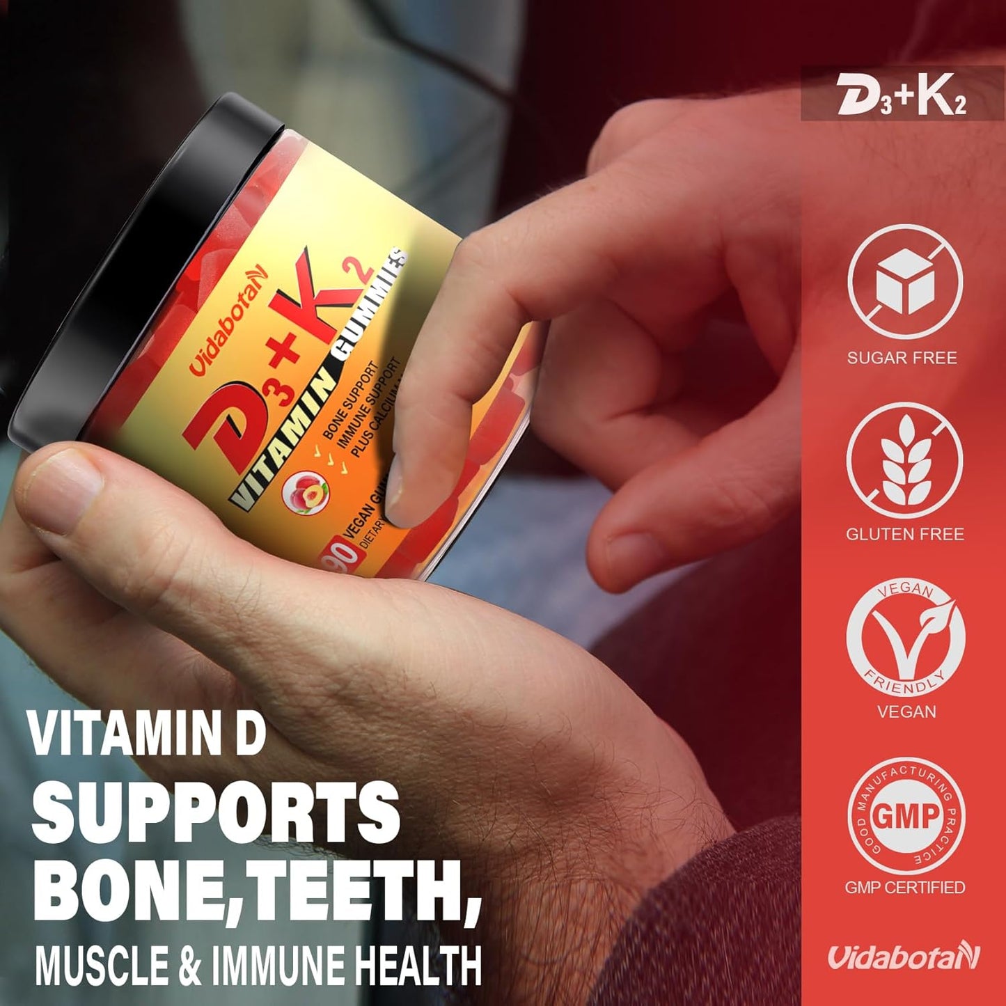 Vidabotan Vegan Peach Flavored Vitamin D3 K2 Gummies - 5000IU with Calcium, Magnesium, and Zinc - 90 Chewable Gummies for Bone, Teeth, and Muscle Health - BoostGo Australia