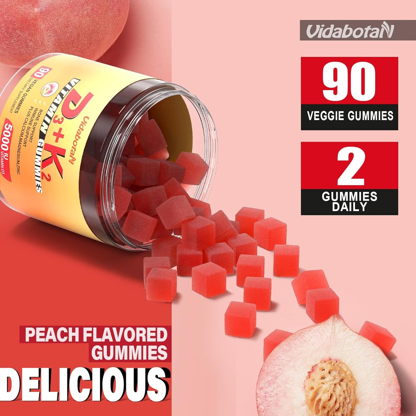 Vidabotan Vegan Peach Flavored Vitamin D3 K2 Gummies - 5000IU with Calcium, Magnesium, and Zinc - 90 Chewable Gummies for Bone, Teeth, and Muscle Health - BoostGo Australia