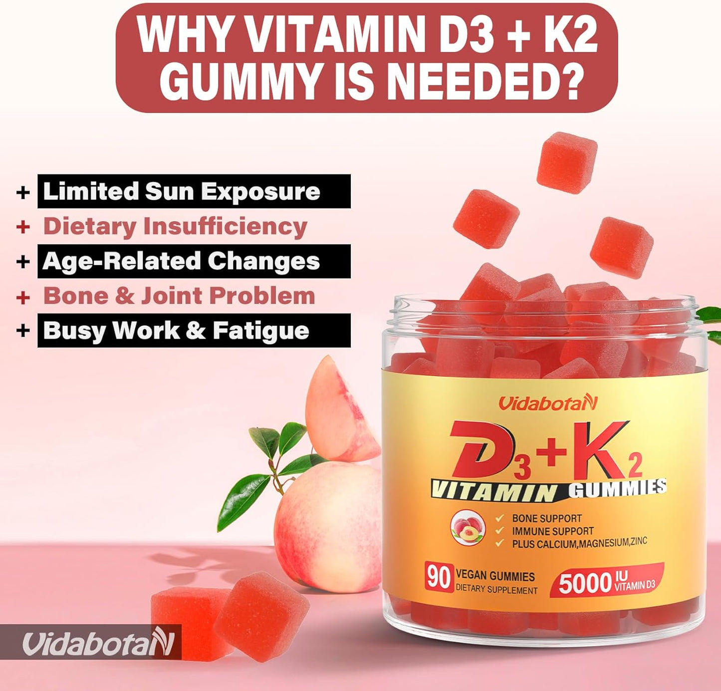 Vidabotan Vegan Peach Flavored Vitamin D3 K2 Gummies - 5000IU with Calcium, Magnesium, and Zinc - 90 Chewable Gummies for Bone, Teeth, and Muscle Health - BoostGo Australia