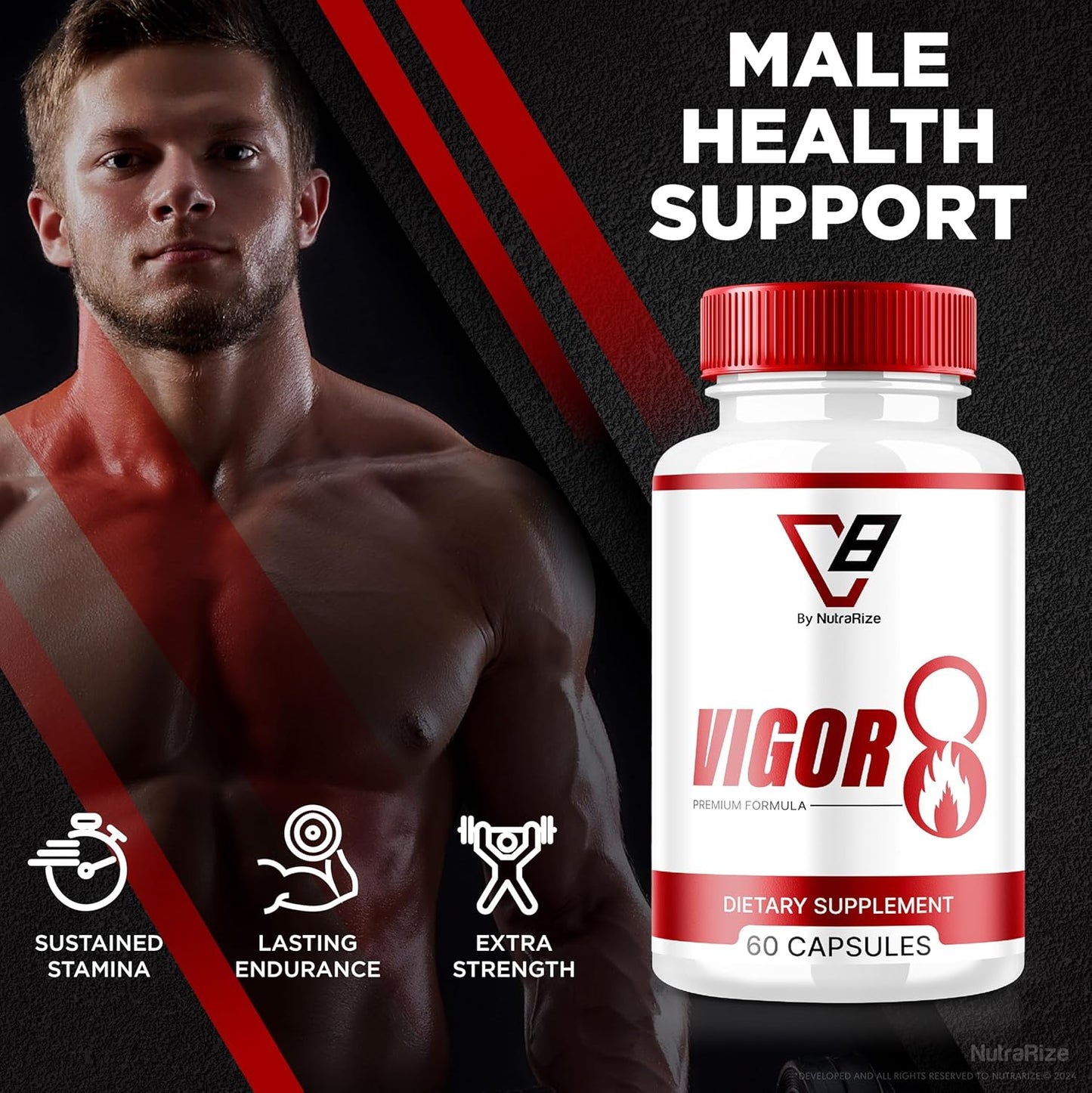 Vigor 8 Male Enhancement Formula 3-Pack - Test Boost & Stamina Booster with Horny Goat Weed & Tongkat Ali (180 Capsules)