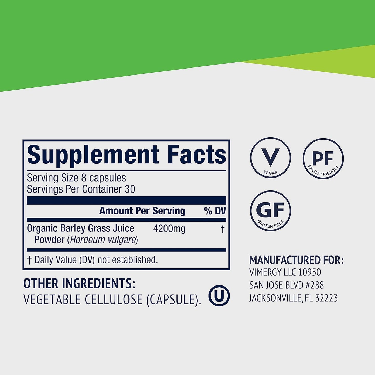 Vimergy Barley Grass Juice Capsules - Natural Cardiovascular Health Support - Non-GMO, Vegan, Gluten-Free - 240 Capsules