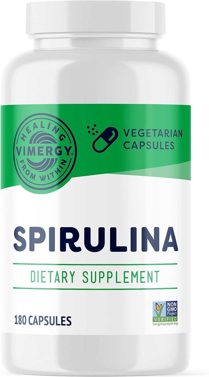 Vimergy Spirulina Capsules - Vegan Plant Protein for Immune and Cardio Health - 180 Capsules - Gluten-Free & Kosher