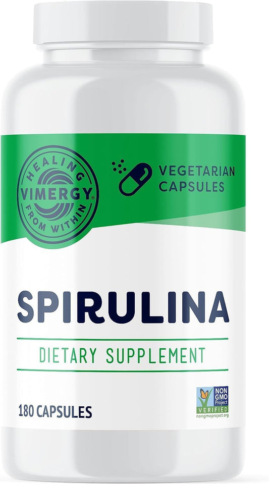 Vimergy Spirulina Capsules - Vegan Plant Protein for Immune and Cardio Health - 180 Capsules - Gluten-Free & Kosher