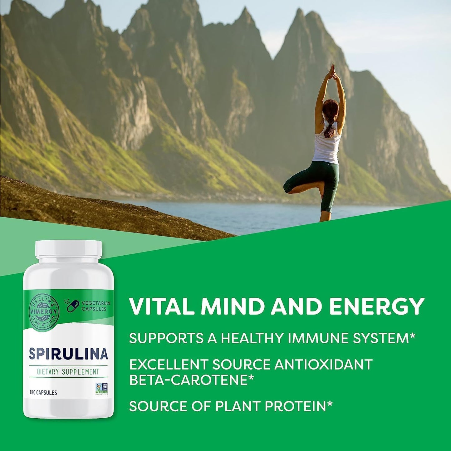 Vimergy Spirulina Capsules - Vegan Plant Protein for Immune and Cardio Health - 180 Capsules - Gluten-Free & Kosher