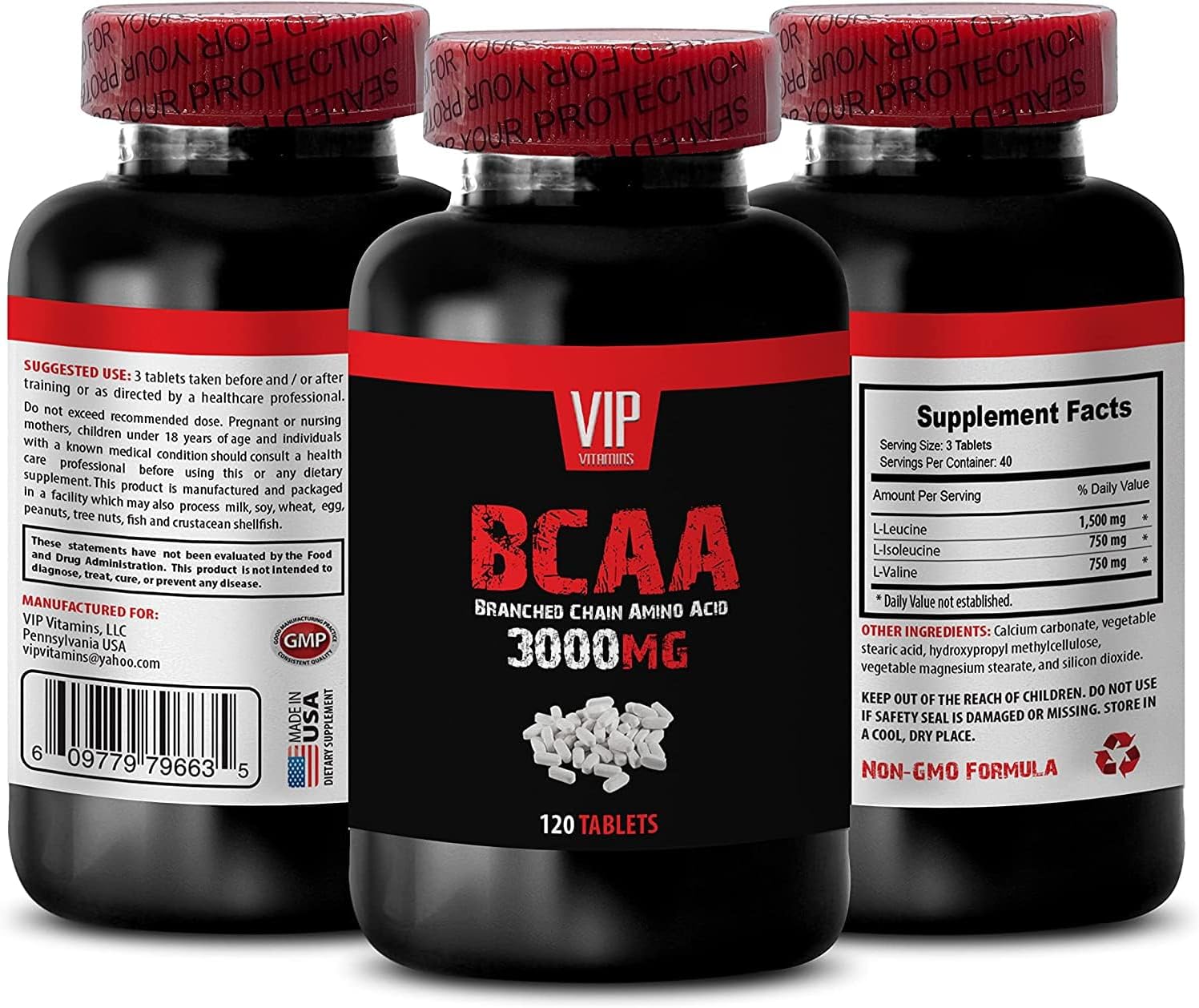 VIP Supplements BCAA 3000 MG Workout Pills for Men and Women - BRANCHED Chain Amino Acid - leucine isoleucine and valine - 120 Tablets