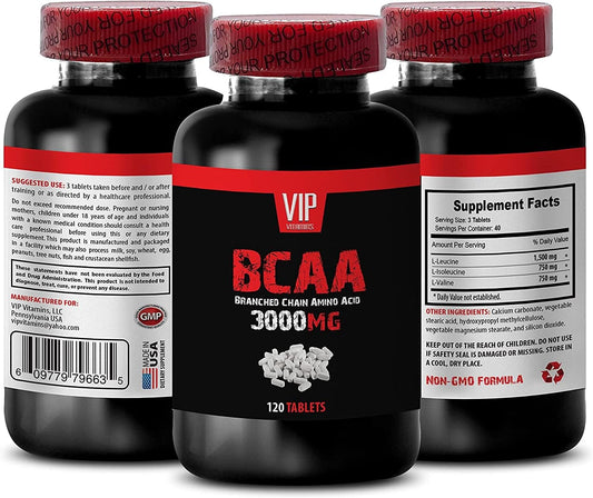 VIP Supplements BCAA 3000 MG Workout Pills for Men and Women - BRANCHED Chain Amino Acid - leucine isoleucine and valine - 120 Tablets