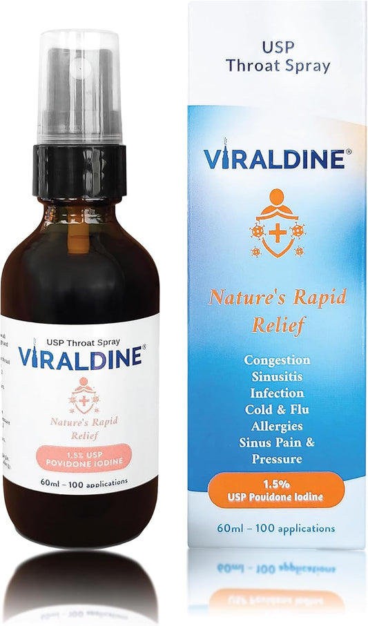 VIRALDINE 1.5% Povidone-Iodine Sore Throat Spray - Rapid Relief Formula - 60ml Oral Spray Bottle - 100 Applications