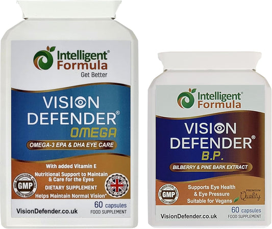 Vision Defender Eye Care Bundle with Intelligent Formula - Supports Eye Health with Bilberry, Pine Bark, Omega-3 Fish Oil, and Vitamin E - Made in UK by Eye Specialists