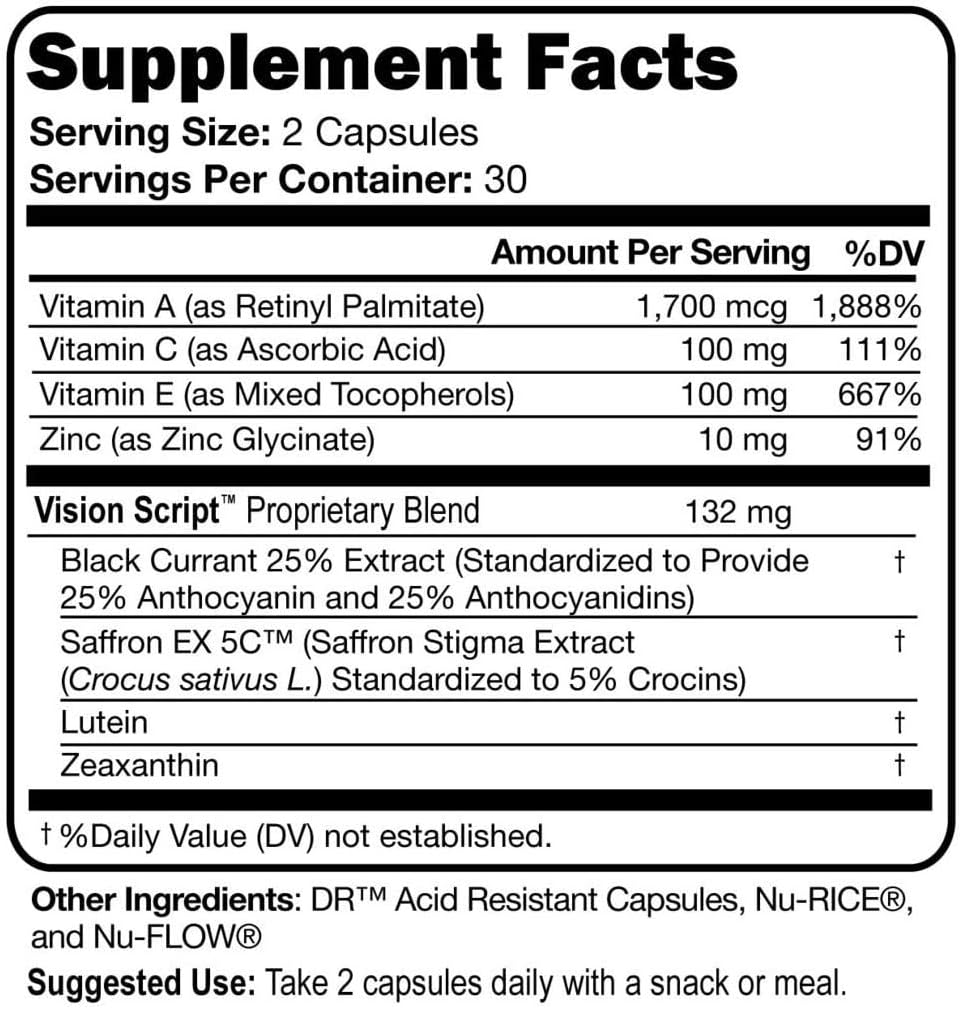 Vision Script with Saffron: Macular & Retinal Eye Health - 60 Servings, Saffron, Black Currant, Lutein, Zeaxanthin, Vitamin C, E, Zinc.