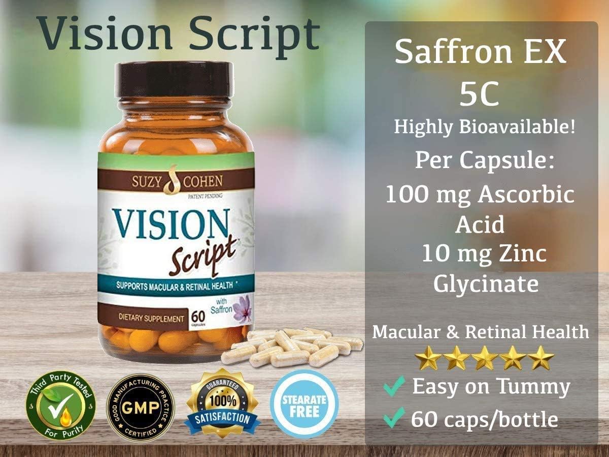 Vision Script with Saffron: Macular & Retinal Eye Health - 60 Servings, Saffron, Black Currant, Lutein, Zeaxanthin, Vitamin C, E, Zinc.