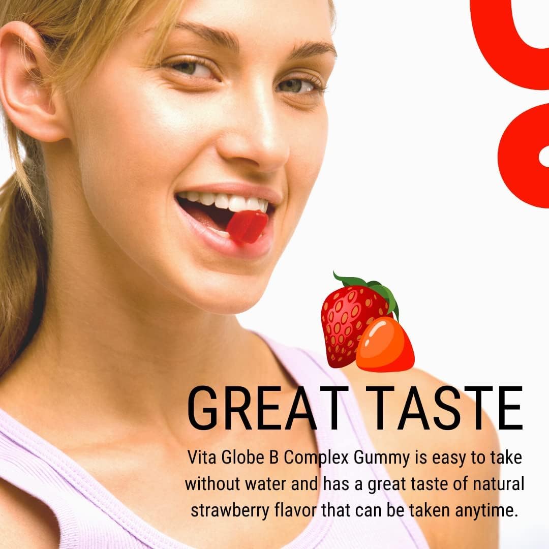VITA GLOBE B Complex Gummies - Strawberry Flavor with Vitamin C, Niacin, B6, B12 & Biotin for Energy, Heart Health, and Brain Support - 60 Count Pack