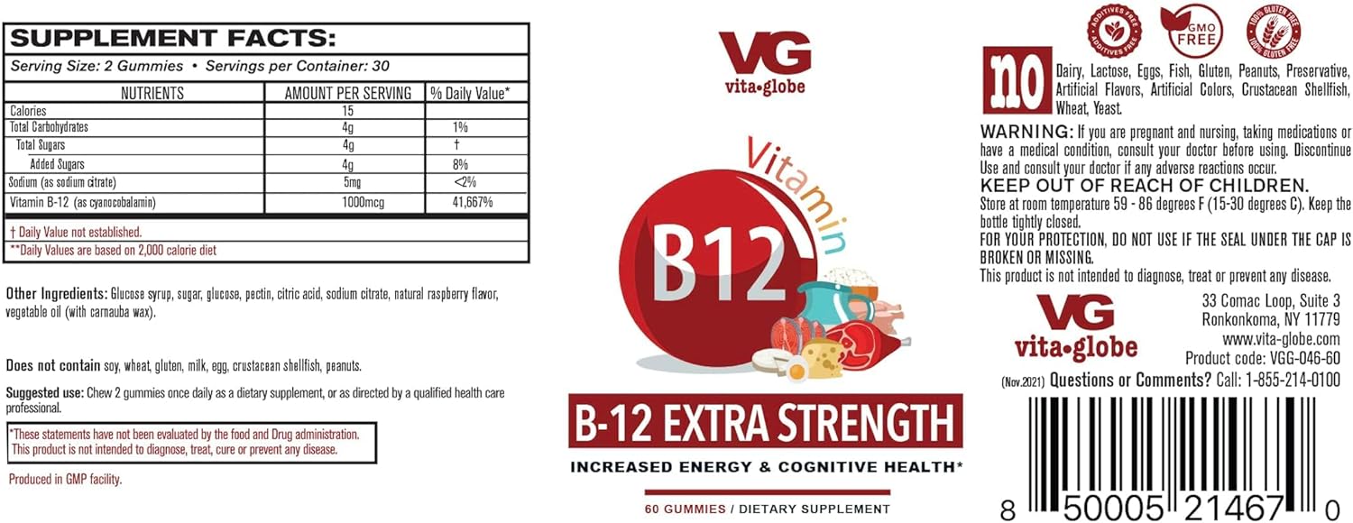 VITA GLOBE Vitamin B12 1000mcg Gummies - Energy Boost, Metabolism Support, Nervous System Health - 60 Count