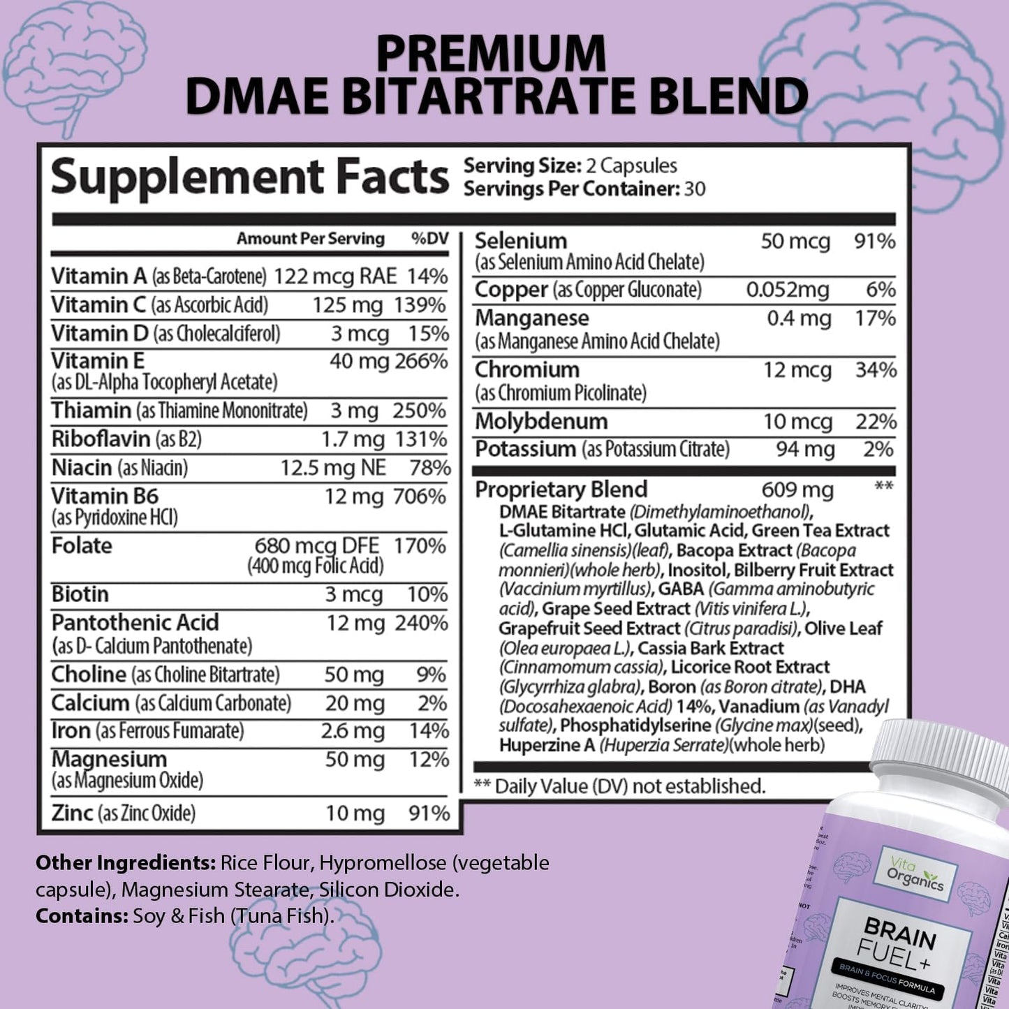 Vita Organics Brain Fuel+ DMAE Blend Memory Supplement - Boost Focus, Mood, Mental Energy - 60 Capsules - USA Made