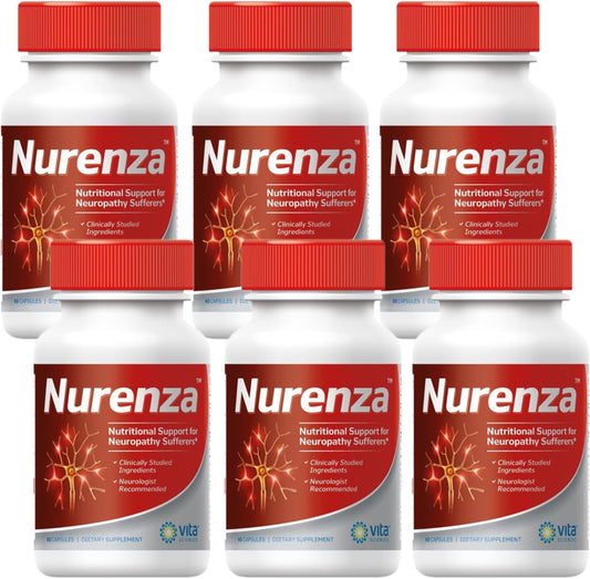 Vita Sciences Nurenza Neuropathy Relief Supplement - 40x Strength Natural R-ALA Formula for Nerve Health - Fast Repair with Vitamins and Antioxidants - Revitalize Feet, Hands, Legs, and Toes - 60 Ct. x 6 Pack