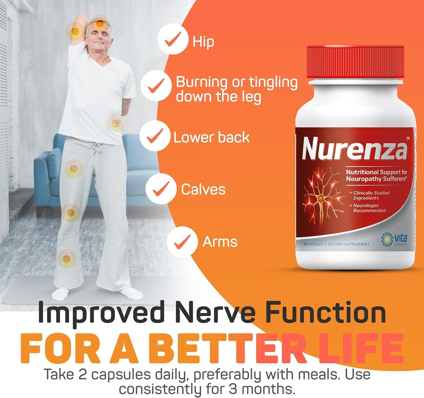 Vita Sciences Nurenza Neuropathy Relief Supplement - 40x Strength Natural R-ALA Formula for Nerve Health - Fast Repair with Vitamins and Antioxidants - Revitalize Feet, Hands, Legs, and Toes - 60 Ct. x 6 Pack