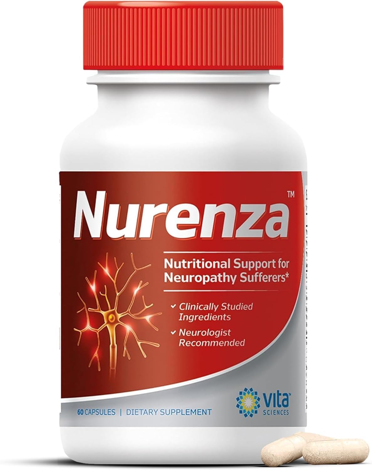 Vita Sciences Nurenza Neuropathy Relief Supplement - 40x Strength Natural R-ALA Formula for Nerve Health - Fast Repair with Vitamins and Antioxidants - Revitalize Feet, Hands, Legs, and Toes - 60 Ct. x 6 Pack