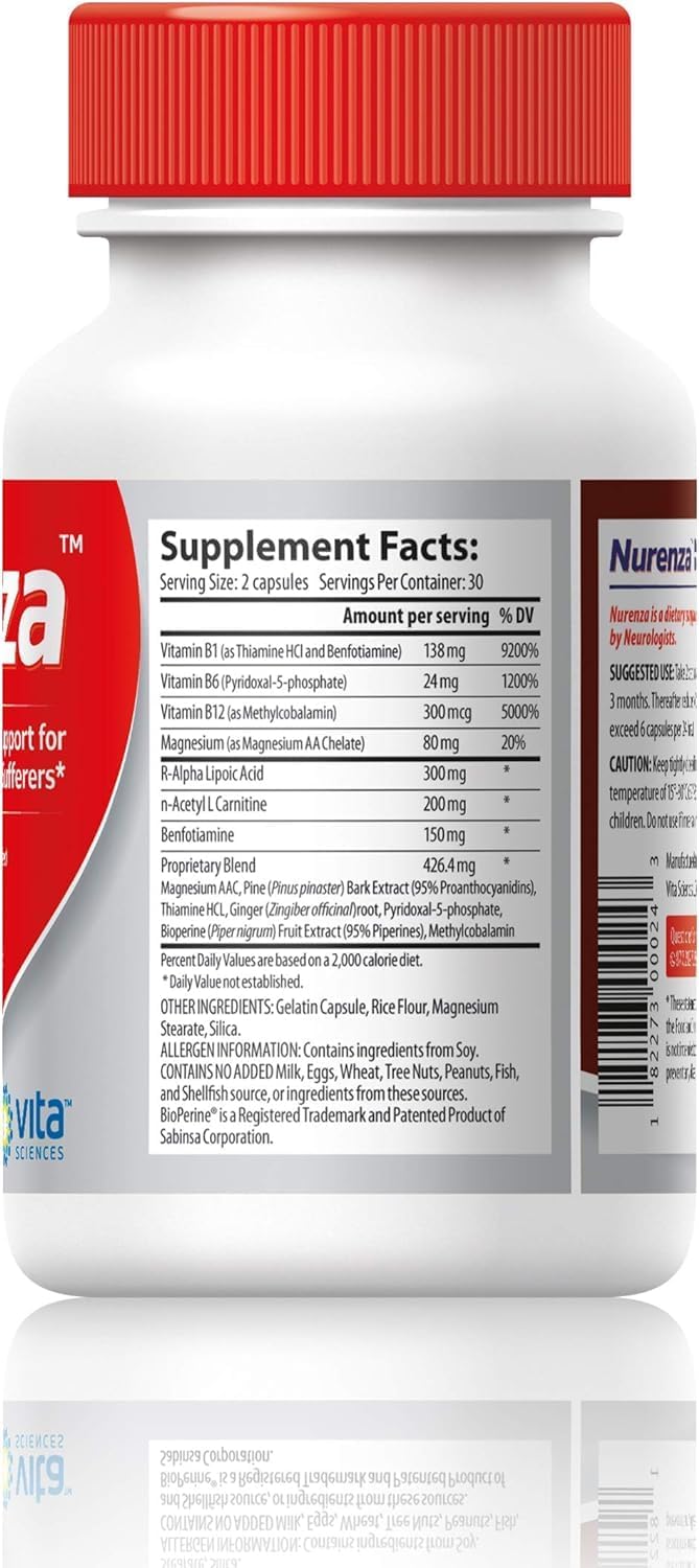 Vita Sciences Nurenza Neuropathy Relief Supplement - 40x Strength Natural R-ALA Formula for Nerve Health - Fast Repair with Vitamins and Antioxidants - Revitalize Feet, Hands, Legs, and Toes - 60 Ct. x 6 Pack