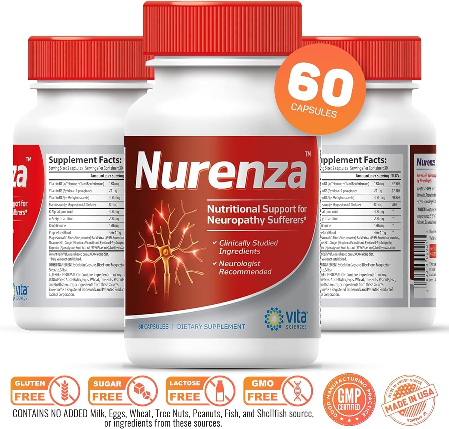 Vita Sciences Nurenza Neuropathy Relief Supplement - 40x Strength Natural R-ALA Formula for Nerve Health - Fast Repair with Vitamins and Antioxidants - Revitalize Feet, Hands, Legs, and Toes - 60 Ct. x 6 Pack