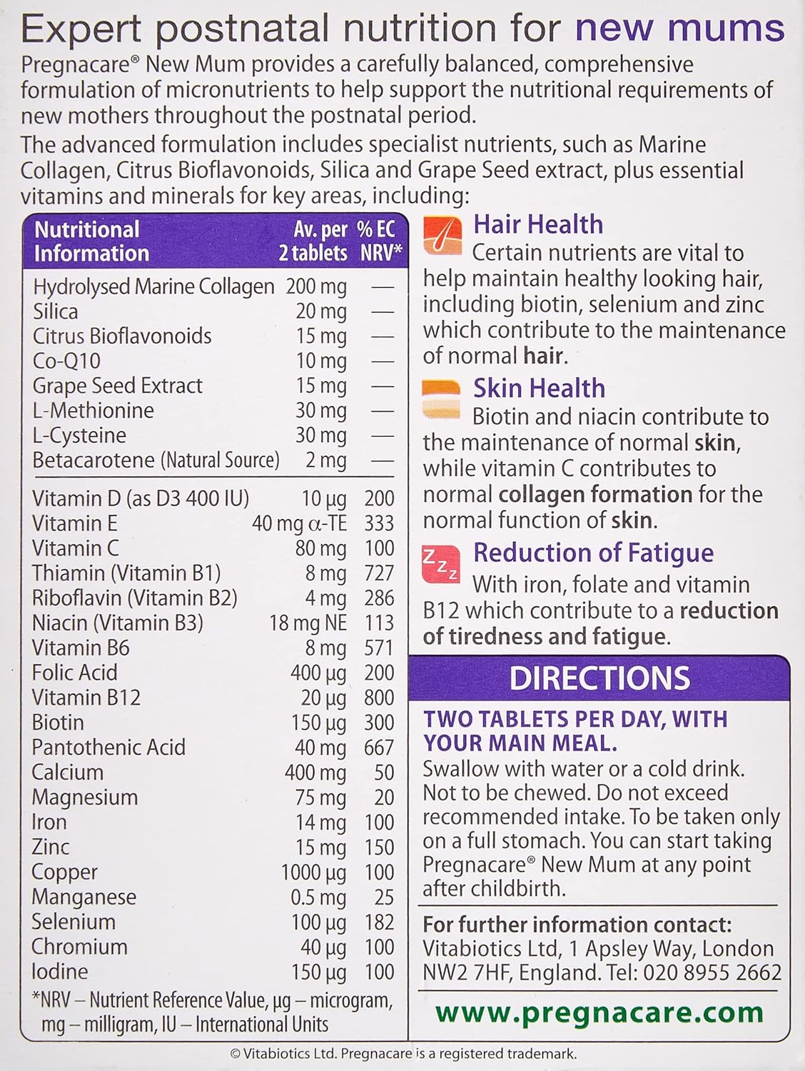 Vitabiotics Pregnacare New Mum Tablets - 56 Count Bottle - Postnatal Care Supplement