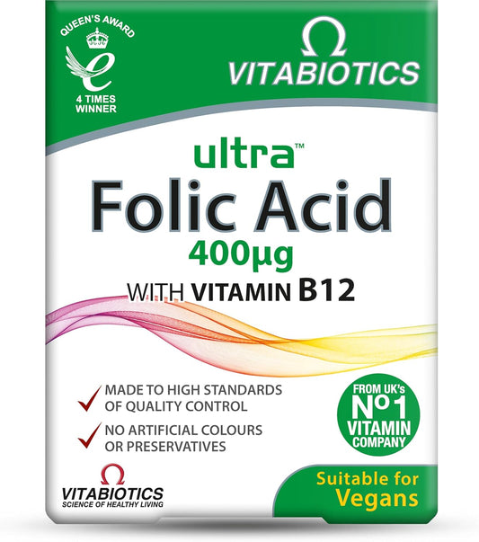 Vitabiotics Ultra Folic Acid 400ug with Vitamin B12 Tablets - 60 Count