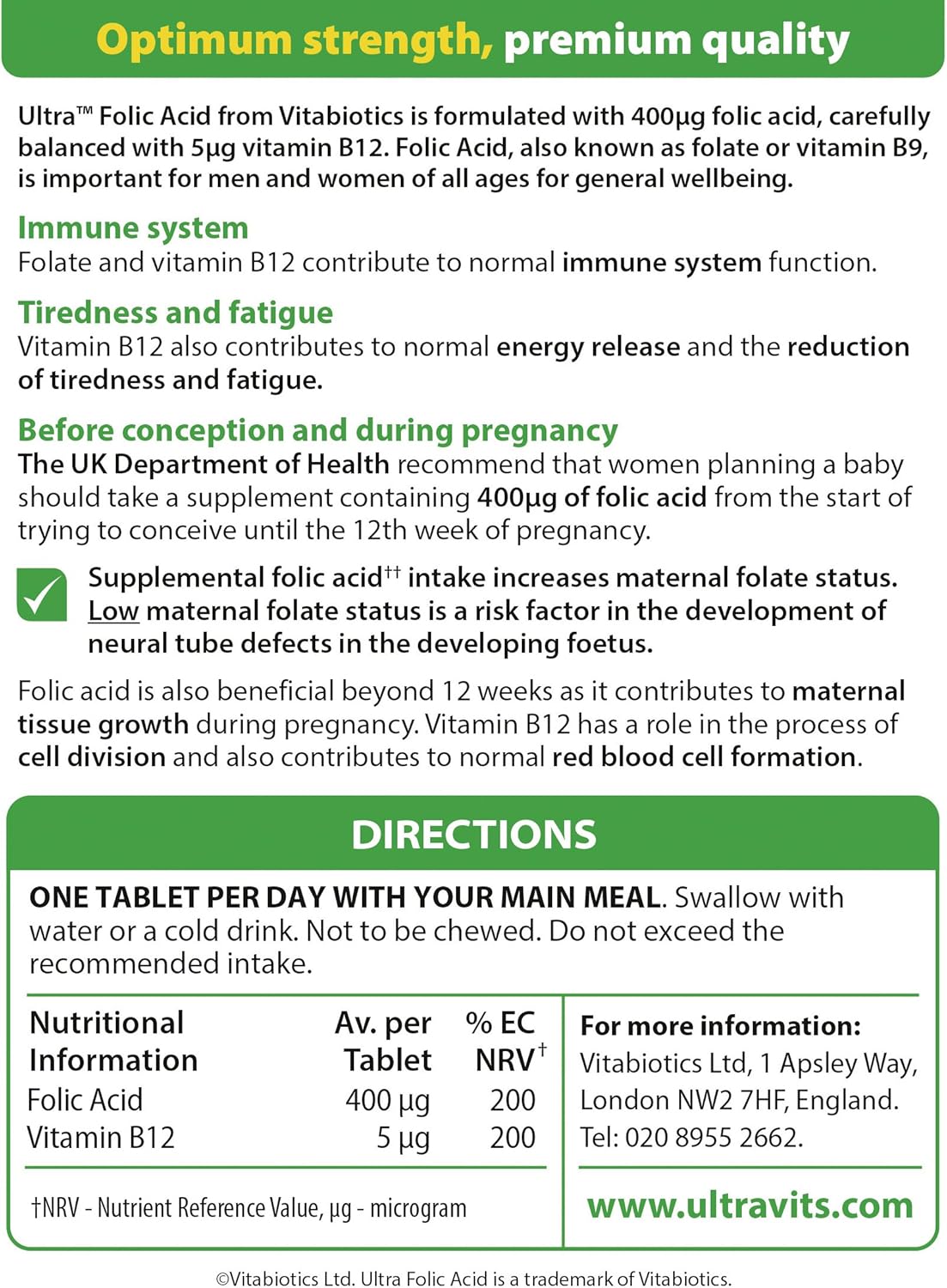 Vitabiotics Ultra Folic Acid 400ug with Vitamin B12 Tablets - 60 Count