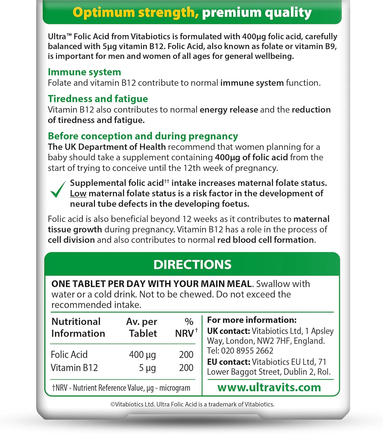 Vitabiotics Ultra Folic Acid 400ug with Vitamin B12 Tablets - 60 Count